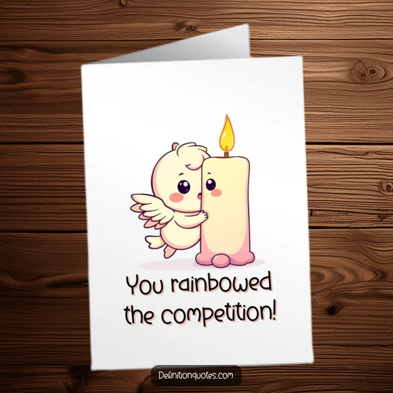 Free Printable Congratulations Card featuring a winged character gently nudging a rainbow, leaving a quirky dent, a sweet moment.