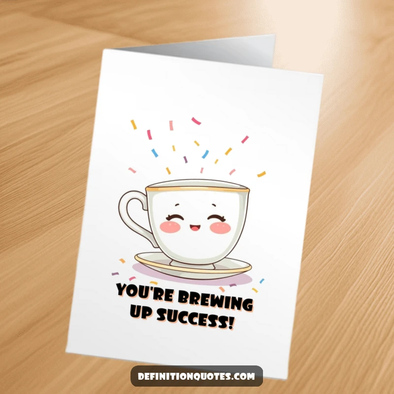 Funny Free Printable Congrats Card: Shy teacup character with rosy cheeks desperately hides from a shower of confetti.