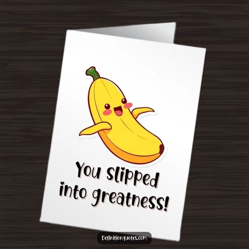 Funny Free Printable Kawaii banana character ecstatically sliding down a peel, celebrating a triumphant achievement, high energy.