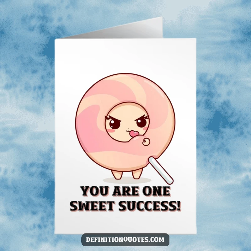 Funny Free Printable Congrats Card: Shy donut character, peeking behind giant lollipop, celebrating success.