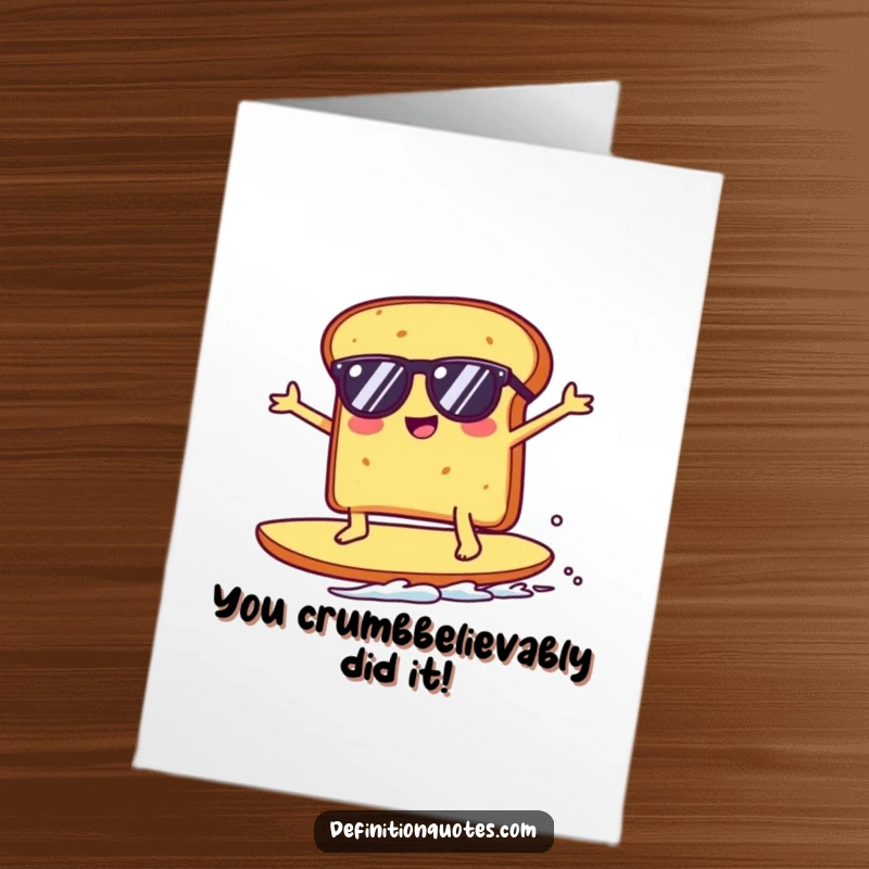 Funny Free Printable Congrats Card: Kawaii toast in sunglasses surfs a giant crumb, celebrating victory.
