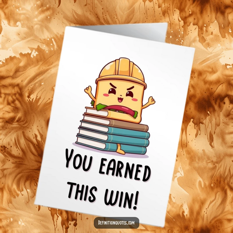 Funny Free Printable Congratulations Card: Sandwich wearing a hard hat precariously balances a stack of books.