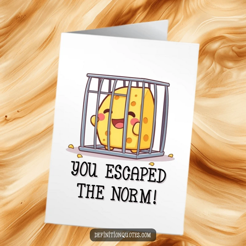 Funny Free Printable Congrats Card: Kawaii cheese character gleefully escapes a tiny cage, symbolizing freedom.