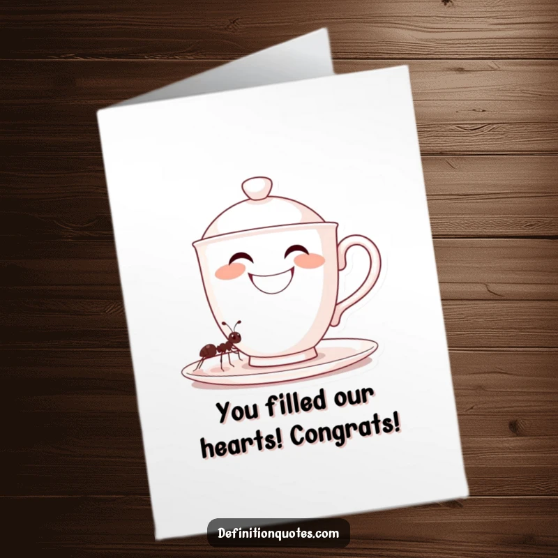 Funny Free Printable Congratulations Card: A tiny ant fills a grinning, oversized teacup, symbolizing big wins.