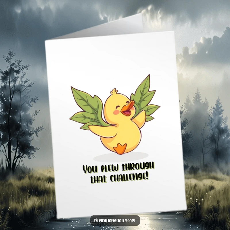 Funny Free Printable Congrats Card: Gleeful rubber duck, large leaf wings, flying high, celebrating success.