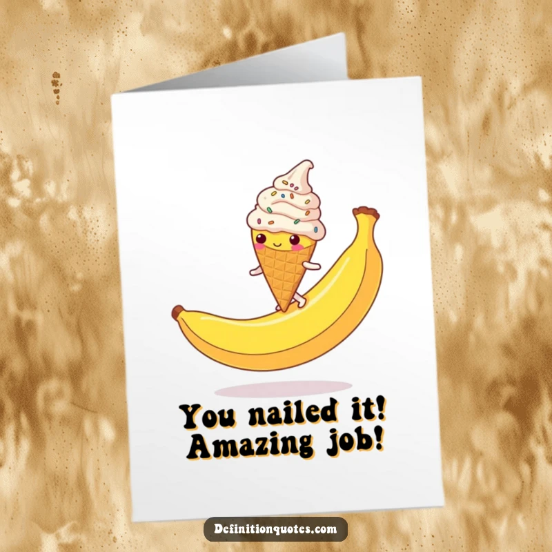 Funny Free Printable Congratulations Card: Ice cream cone slips dramatically on a banana peel, sprinkles everywhere.