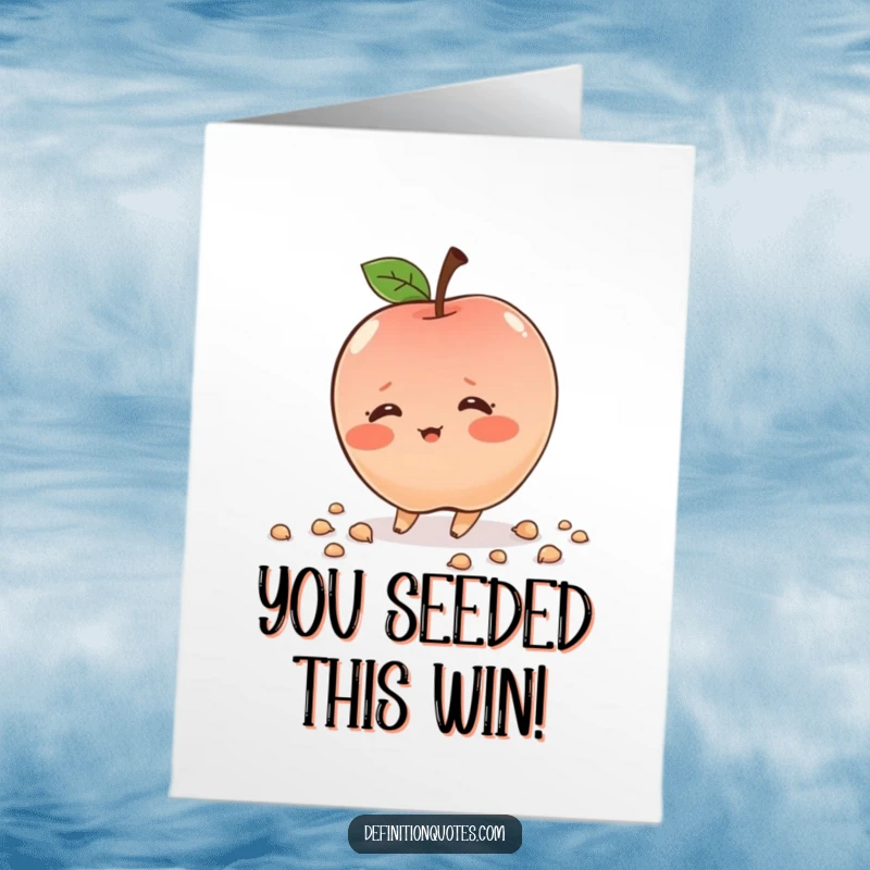 Free Printable Congratulations Card: Shy, blushing apple character tripping and scattering seeds, celebrating success with a cute stumble.
