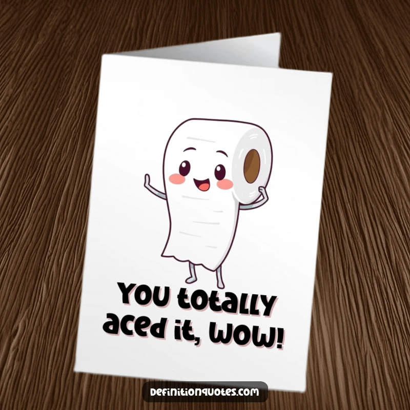 Funny free printable congratulations card showing a proud toilet paper roll character unspooling itself, celebrating an achievement.