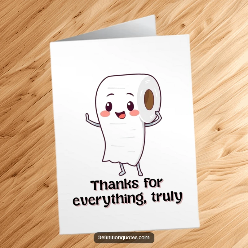 Funny free printable thank you card featuring a proud toilet paper roll character unspooling itself, expressing thanks.