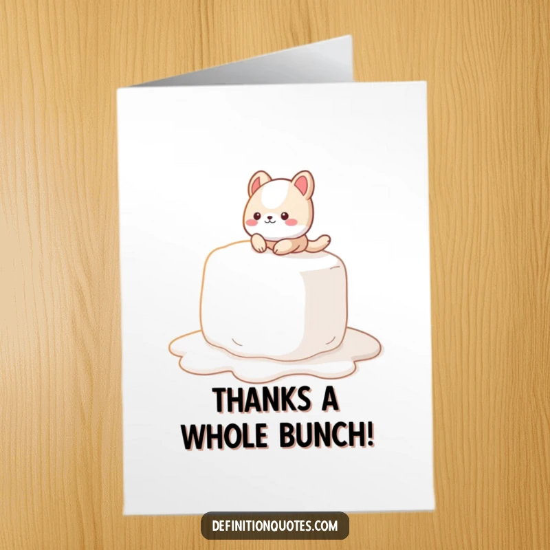 Funny Free Printable Thank You Card: Cute animal character hilariously slipping on a giant, melting marshmallow, a sticky and funny scene.