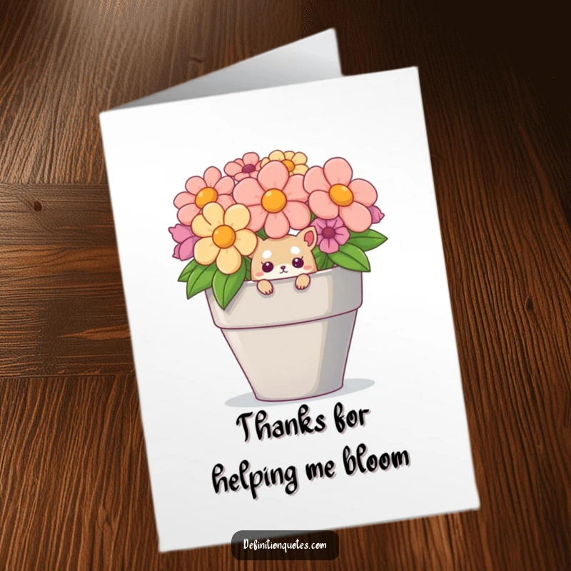 Funny Free Printable Thank You Card: A curious little creature peeks from a huge flower pot, expressing thanks with a shy charm.