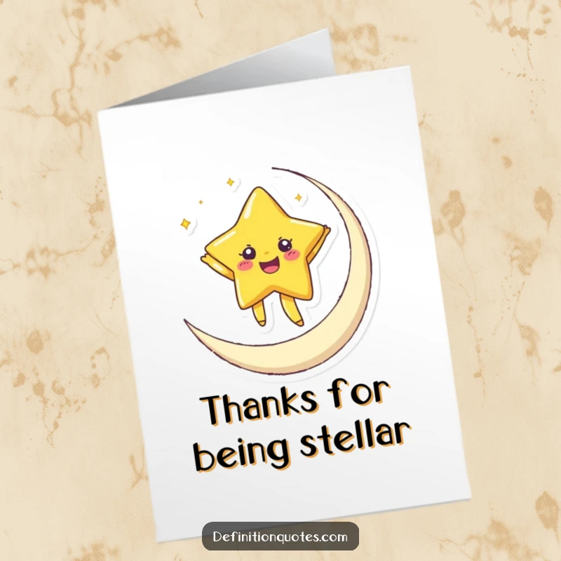 Free printable thank you card: a joyful star with twinkling eyes dances gracefully on a crescent moon, a whimsical downloadable.