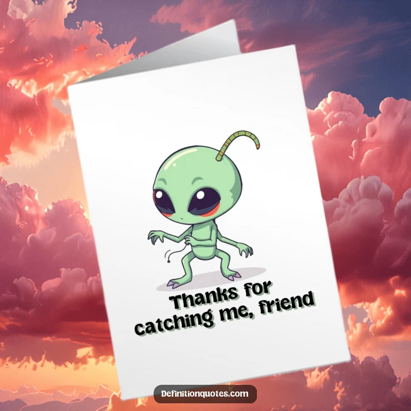 Funny Free Printable Thank You Card: A clumsy alien tripping while attempting a polite, grateful bow with long antennae flailing.