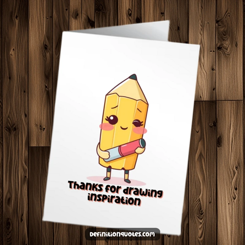 Funny free printable thank you card: a blushing pencil character with an eraser awkwardly tries to draw itself, a charming downloadable.