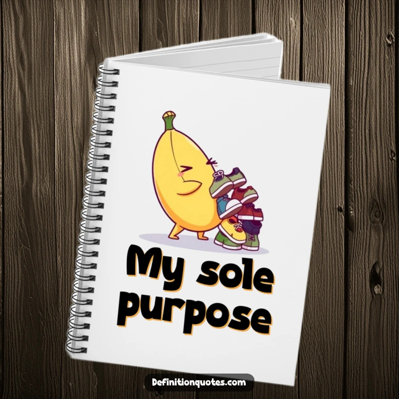 Funny notebook cover with a mischievous banana character balancing a stack of tiny, mismatched shoes. Ideal for jotting notes.