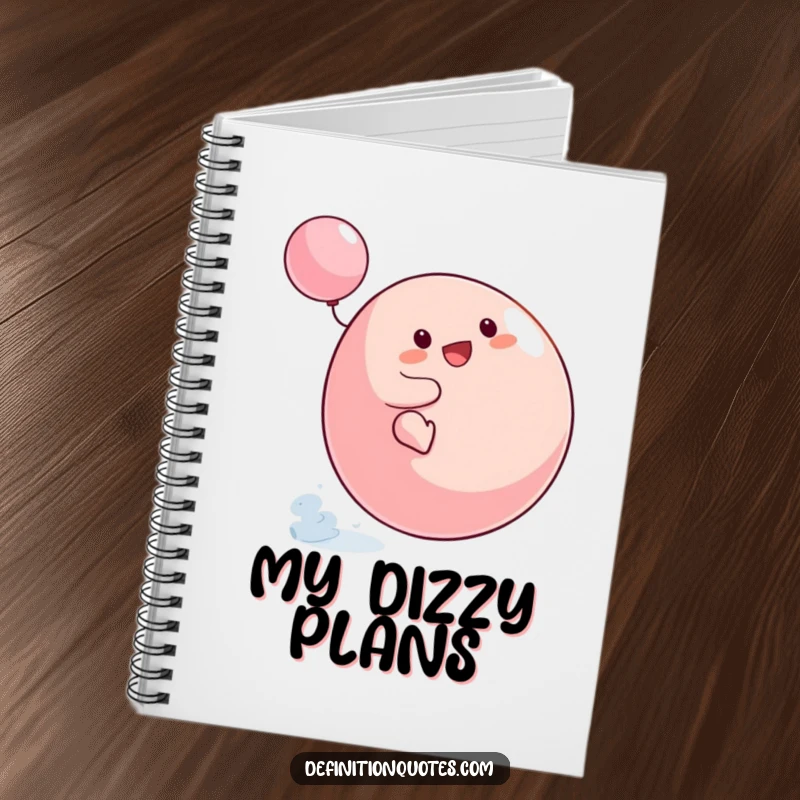 Funny Small Blob Notebook cover depicting the character's humorous attempt to ride a spinning top, perfect for creative thoughts.