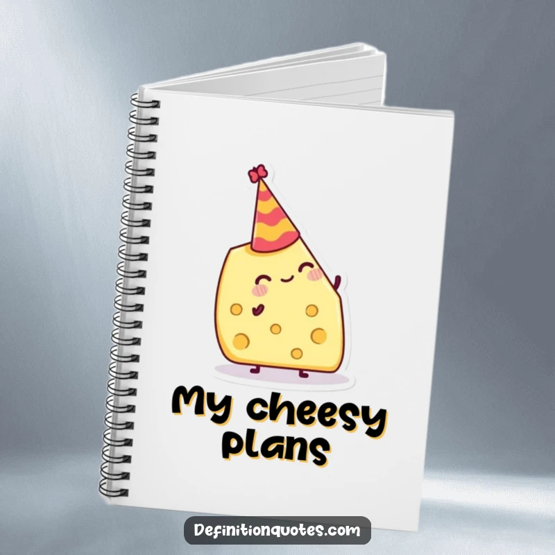 Funny Notebook: Jolly cheese wedge attempting to balance a tiny party hat, inspiring cheesy party planning.