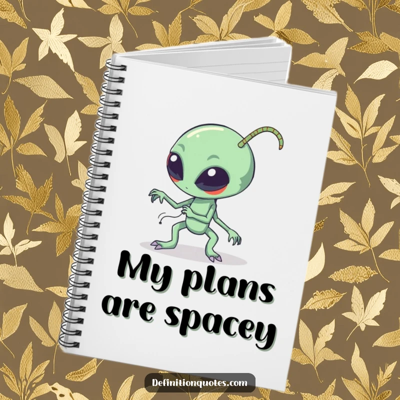 Funny clumsy alien tripping over its long bendy antennae on a notebook cover, inspiring creativity with a dose of extraterrestrial humor.