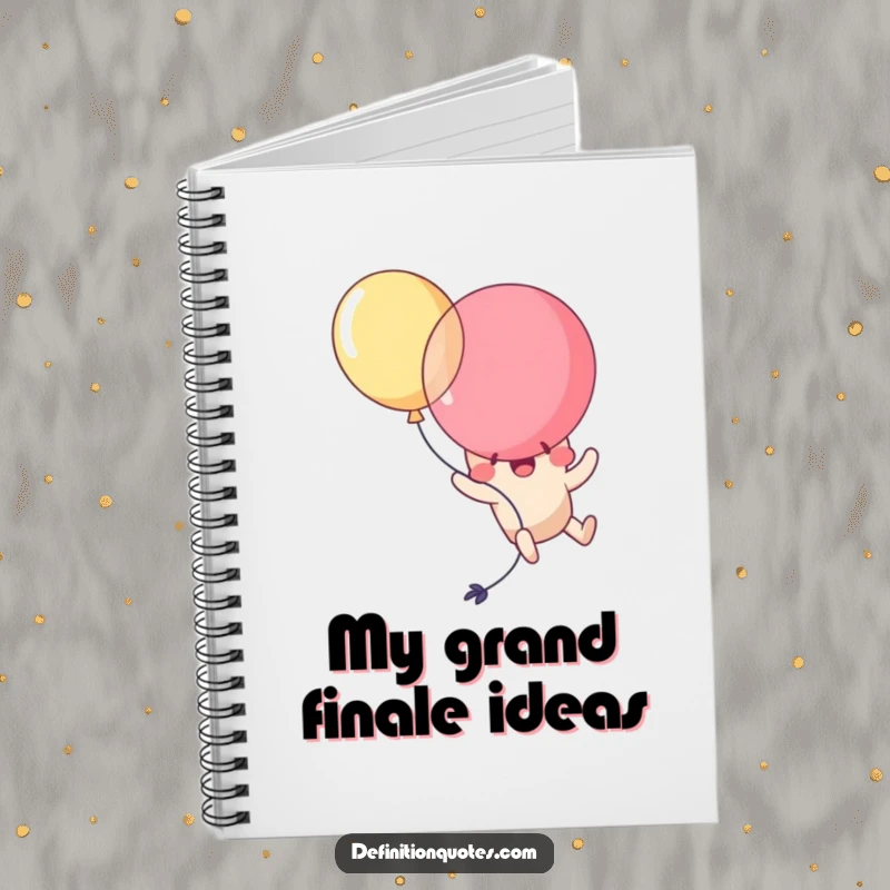 Funny Kawaii balloon character comically popping itself while attempting flight, on the cover of a notebook. A humorous stationery item.