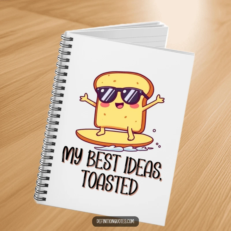 Funny Kawaii toast character in sunglasses surfing a giant crumb, gracing the cover of a notebook, ready to record funny thoughts.