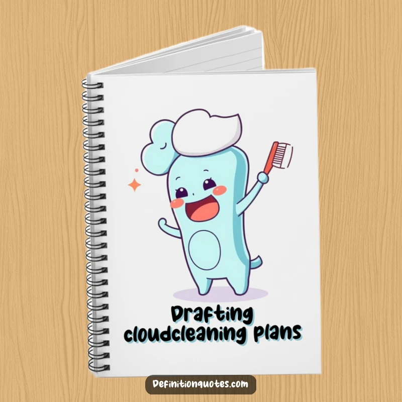 Funny Kawaii toothbrush character hilariously brushing a fluffy cloud, inspiring creative thoughts in this humorous notebook.