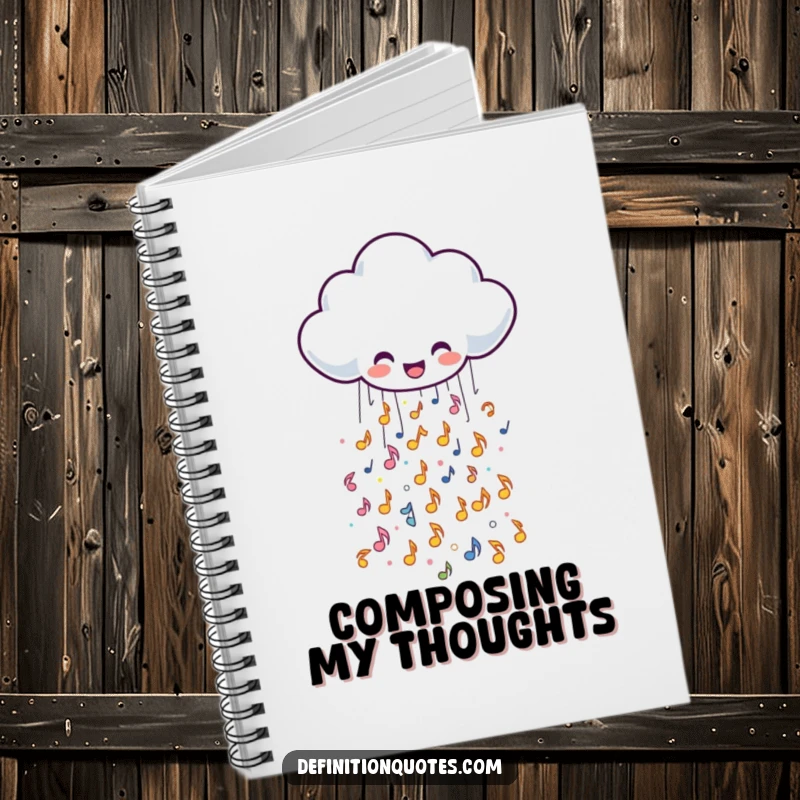 Funny notebook cover with a cheerful rain cloud spilling musical notes, perfect for composing songs, writing lyrics, or daily journaling.