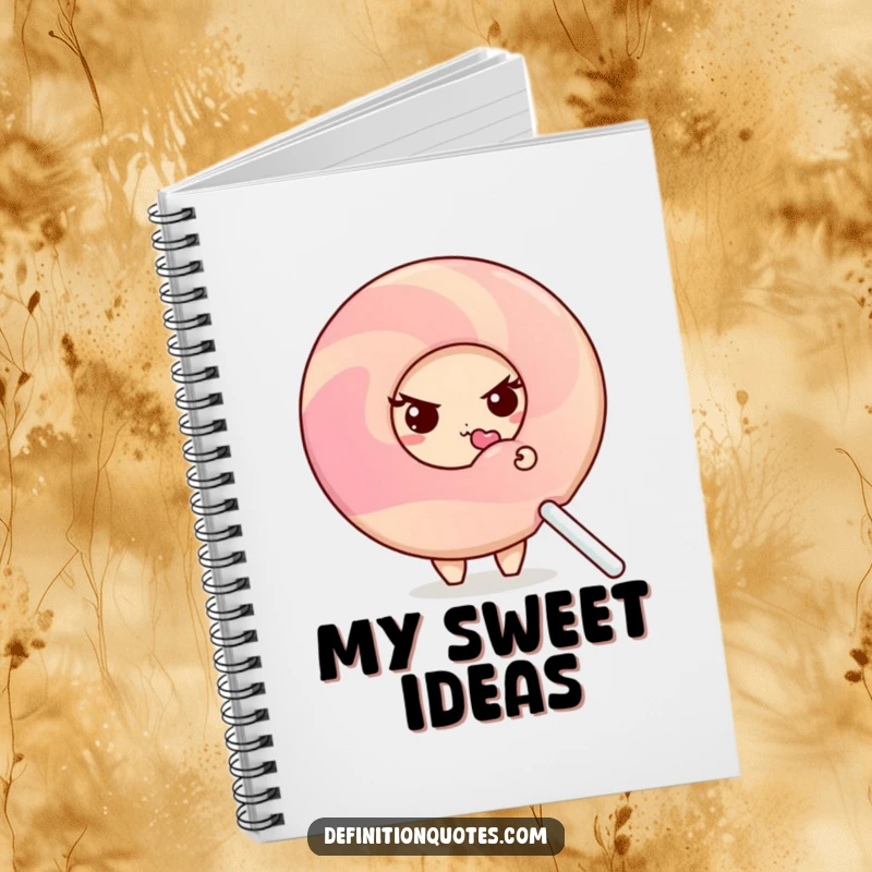 Funny shy donut character peeking from behind a giant, licked lollipop, on a notebook cover.