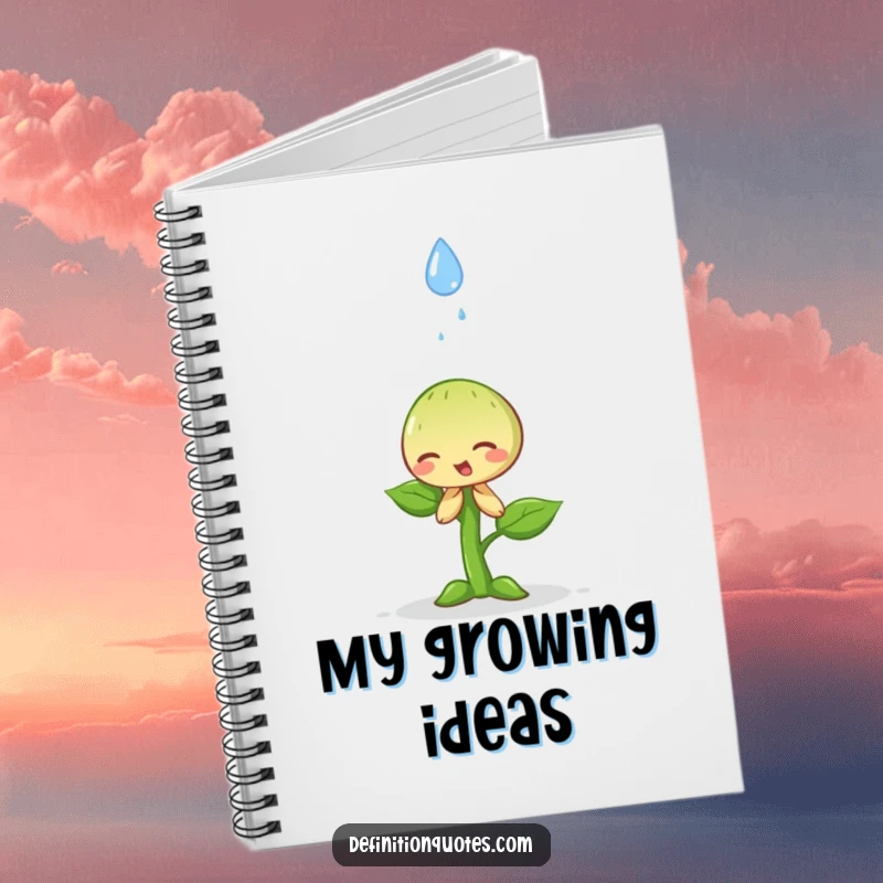 Funny happy little sprout dramatically bowing to a falling raindrop on a notebook, perfect for jotting down humble thoughts.