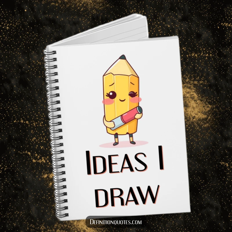 Funny notebook with a blushing pencil and eraser character hilariously attempting to draw itself, perfect for jotting down creative thoughts.