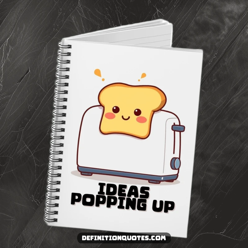 Funny notebook cover with a smiling toast piece comically popping out of a toaster with surprise.