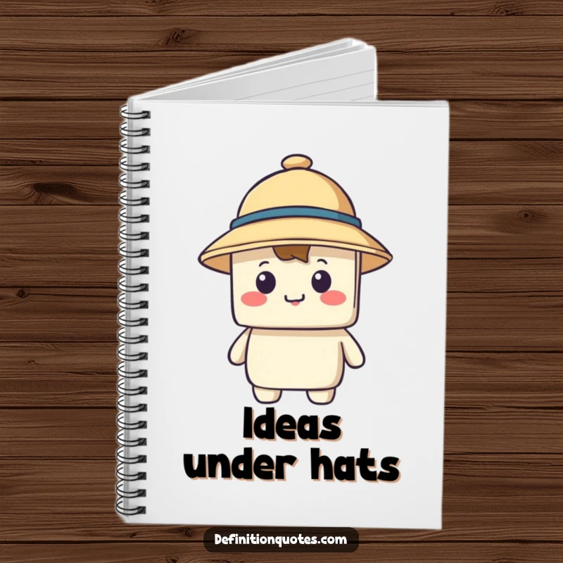 Funny notebook with a happy blocky character struggling to wear a comically small hat that covers its eyes, encouraging humorous note-taking.