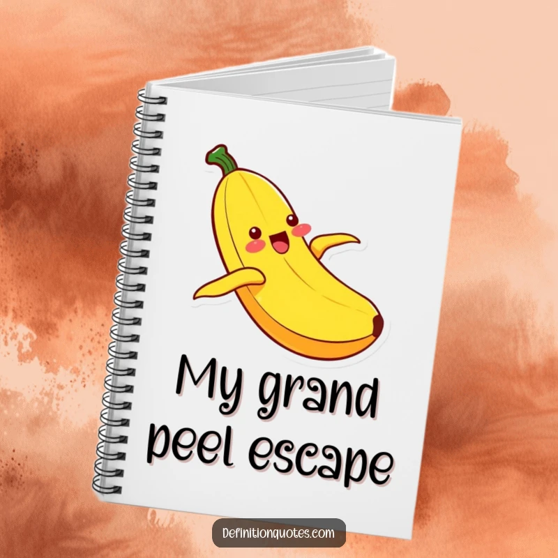 Funny Kawaii banana character in ecstatic motion, sliding down its peel, inspiring joyful thoughts in this humorous notebook.