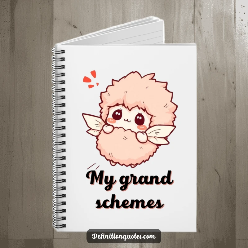 Funny bewildered slipper character attempting flight with paper wings, on a notebook cover.