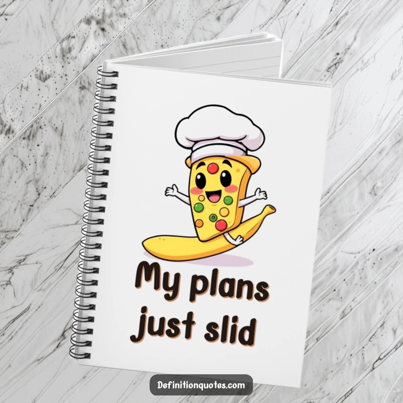 Funny notebook cover with a pizza slice chef slipping on a banana peel, perfect for note-taking and doodling.