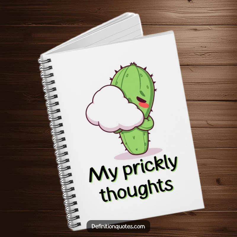 Funny Kawaii cactus character, looking uncomfortable while hugging a cloud, gracing the cover of a notebook for humorous notes.