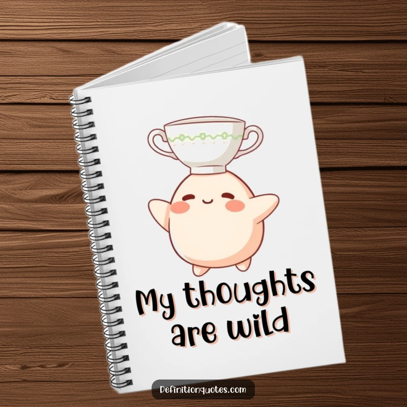 Funny Notebook: A small blob character happily balancing a teacup on its head, ready to record ideas.