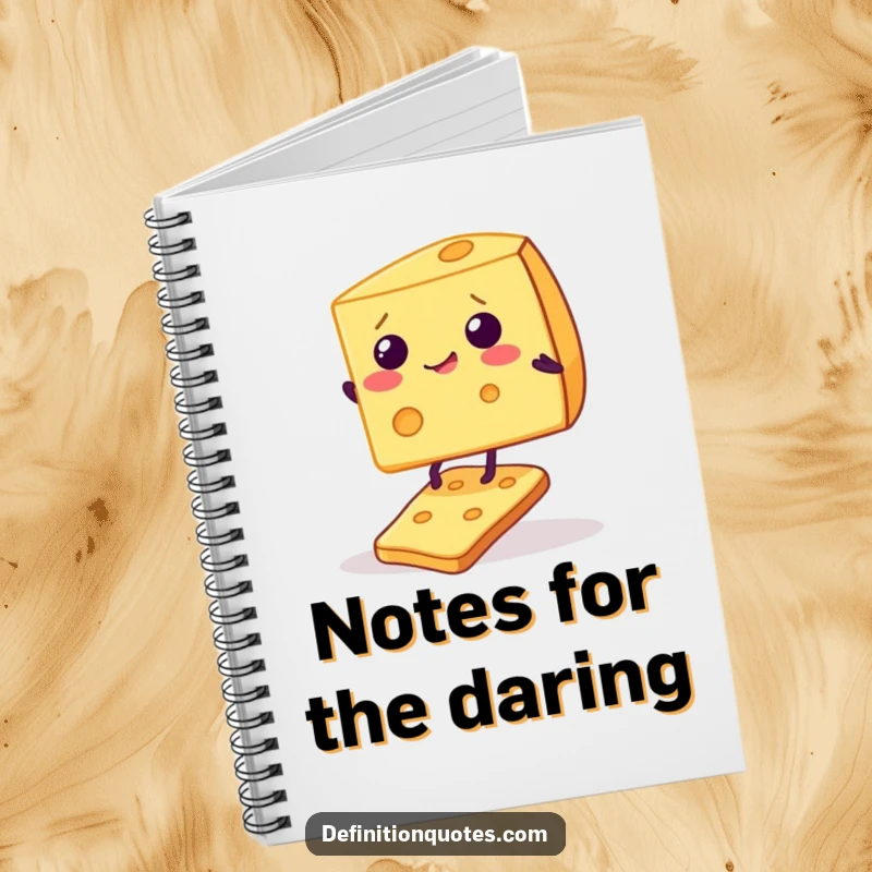 Funny notebook cover with a giggling cheese wedge balancing on a cracker, ideal for jotting down recipes, thoughts, or cheesy jokes.