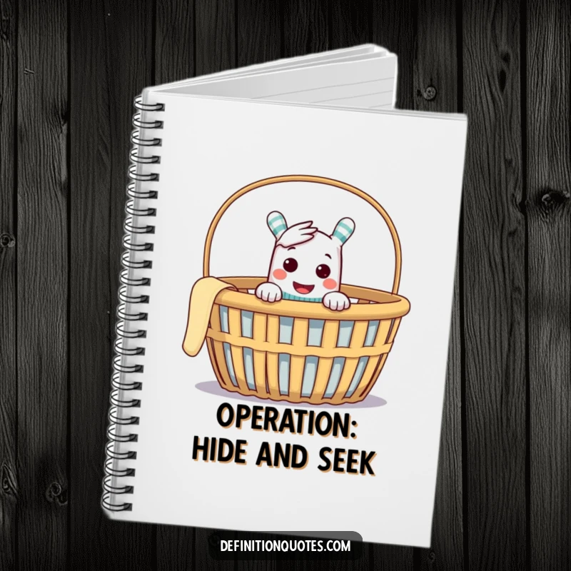 Funny notebook with a cheeky sock puppet peeking from an empty laundry basket, inspiring creative and mischievous notes.