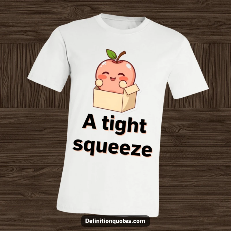 Funny, blushing apple character comically attempting to fit in a small box, on a t-shirt, a great funny gift.