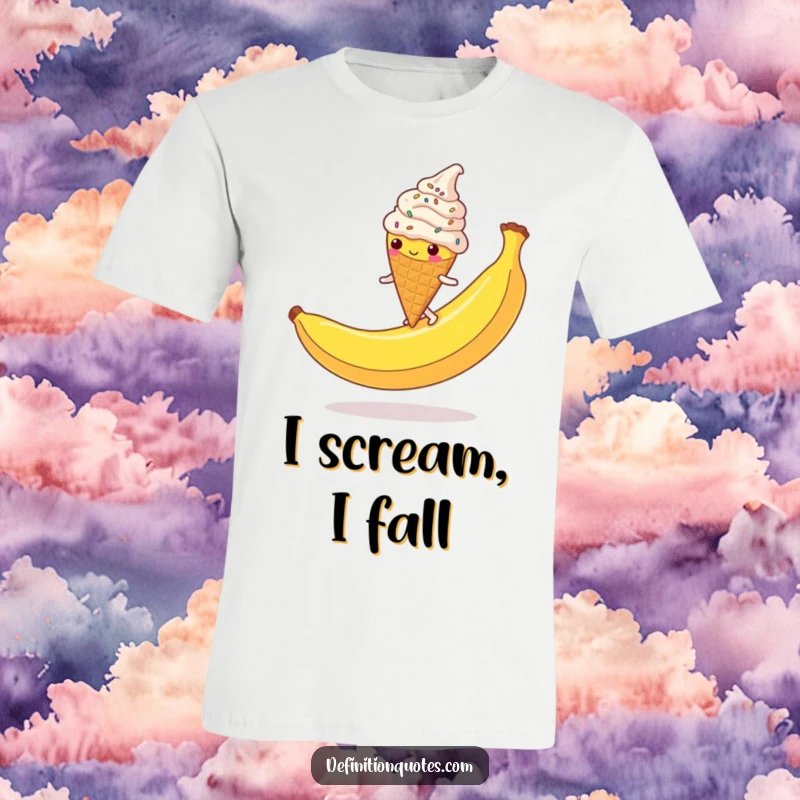 Funny Ice Cream Cone T-Shirt: A clumsy, sprinkle-covered character hilariously slipping on a giant banana peel, a fun graphic tee.