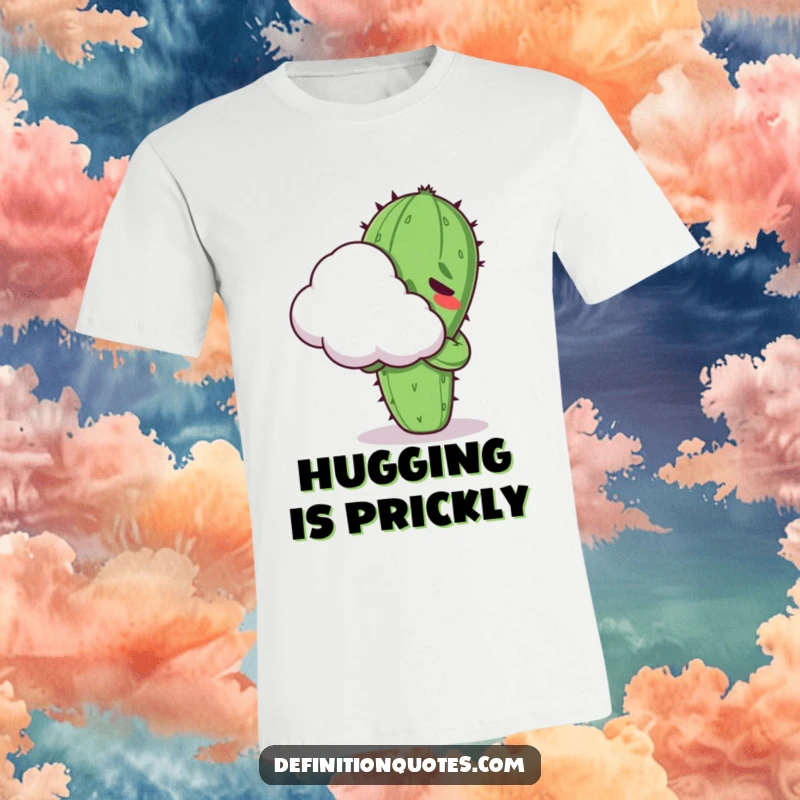 Funny Kawaii cactus character, visibly uncomfortable, trying to hug a fluffy cloud, featured on a t-shirt.