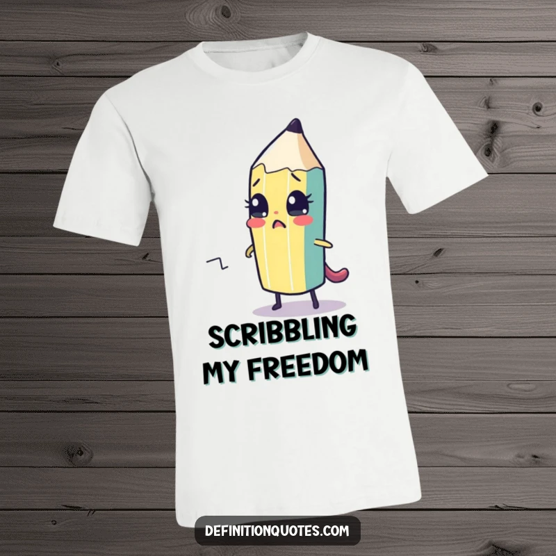 Funny T-shirt of a cute, sentient pencil character nervously sketching its own escape path. Humorous art supplies theme.