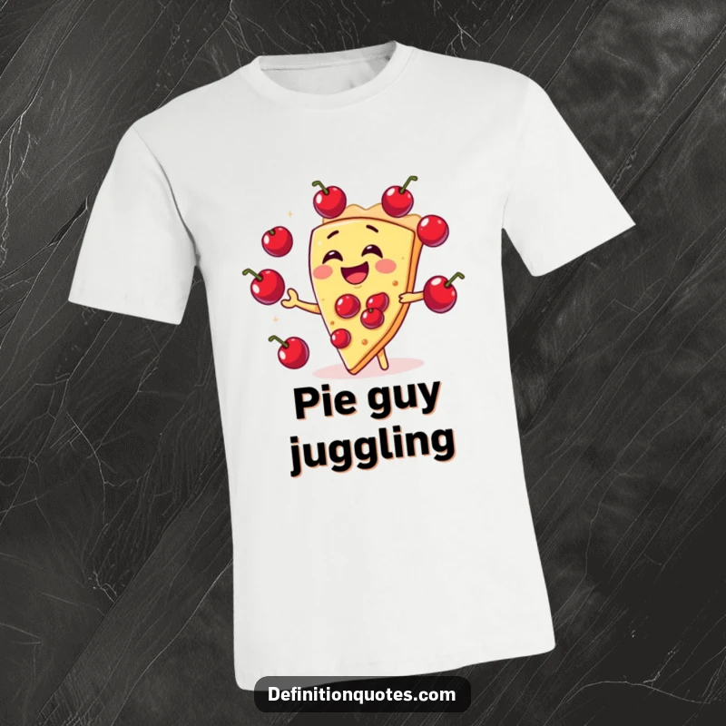 Funny laughing slice of pie on a t-shirt, juggling cherry filling with impressive circus-like skill and mirth.