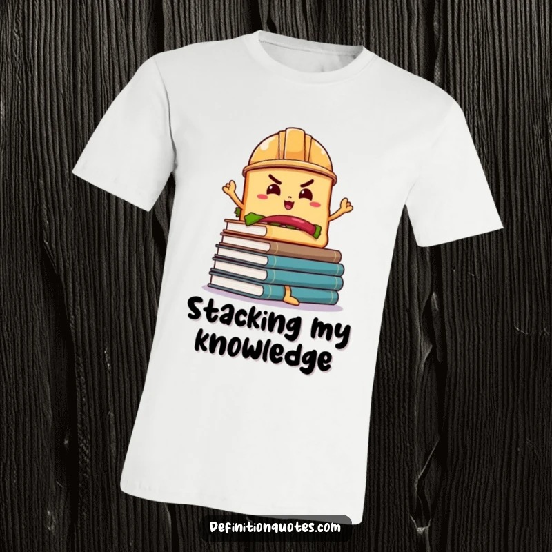Funny Sandwich Hard Hat T-Shirt: A determined sandwich wearing a hard hat attempts to balance a wobbly stack of books, a funny graphic.
