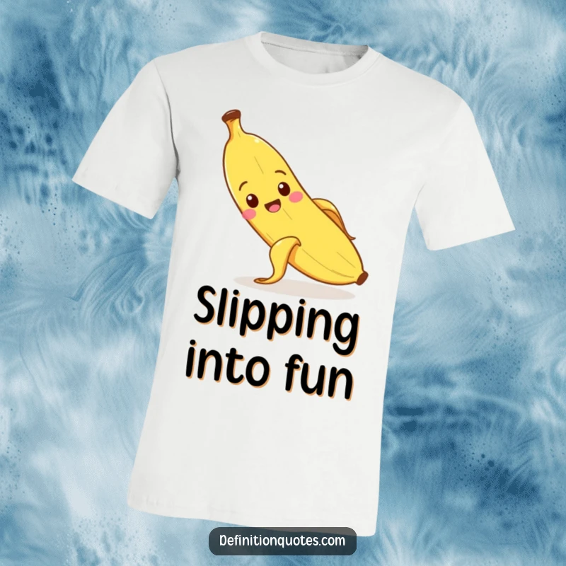 Funny banana character comically slipping on its own peel, wearing a t-shirt.