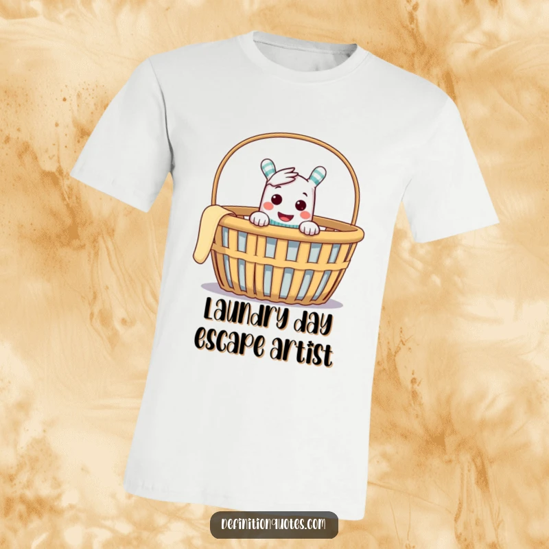 Funny t-shirt with a cheeky sock puppet peeking from an empty laundry basket, conveying pure mischief and playful intent.
