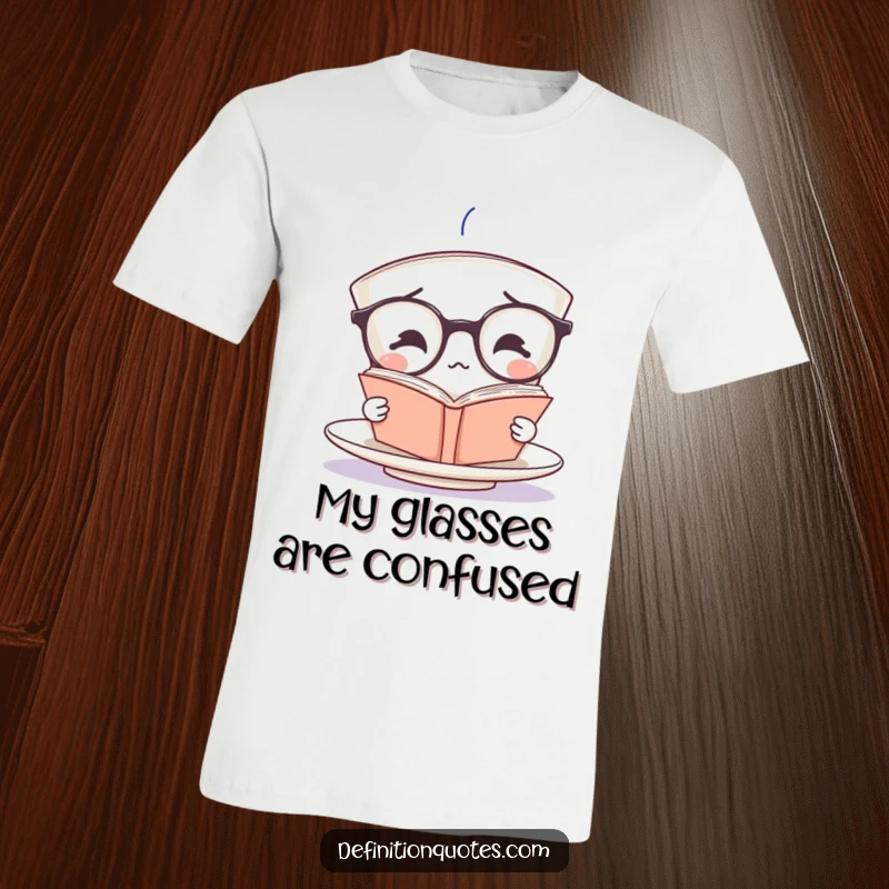 Funny teacup character wearing large glasses, attempting to read a tiny, inverted book, printed on a humorous t-shirt.