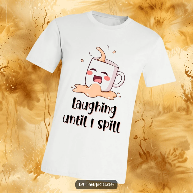 Funny Kawaii coffee mug character, mid-spill and laughing uncontrollably, featured on a t-shirt for comedic effect.