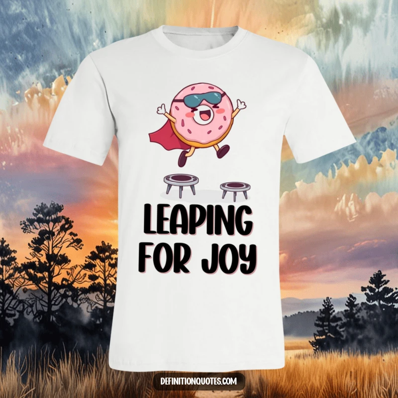 Funny t-shirt showcasing a joyful superhero donut with a cape, mid-air leap over miniature trampolines.