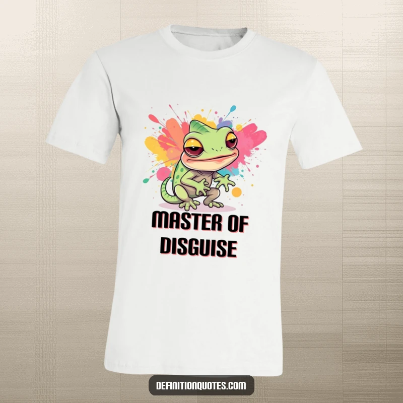 Funny t-shirt print of a sly chameleon character hilariously trying to camouflage itself within a bright, abstract paint splatter.